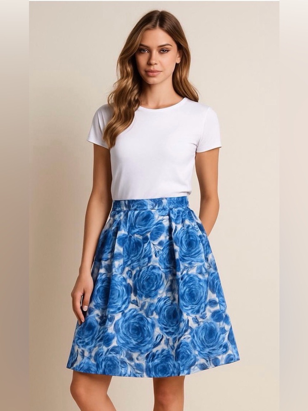 Talbots Pleated, A-Line, Floral, Cotton Skirt, Blue, Gray, White, Size 10